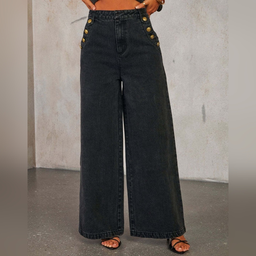 Classic Button Accent High Waist Wide Leg Jeans - Picture 1 of 13